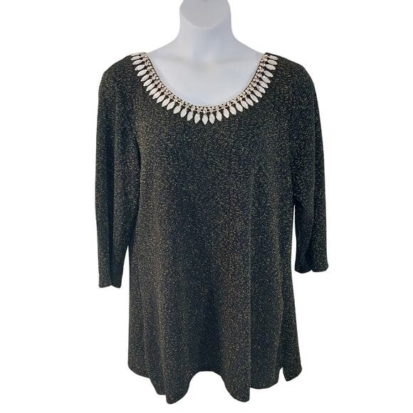 NWOT! LA VANYA! FAB BLACK AND SILVER METALLIC STRETCH KNIT, JEWELED TUNIC! SZ 2X - Picture 2 of 9